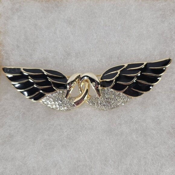 Two Swans Wing Classic Elegant Crystal Gold-Tone Enamel & Rhinestones Brooch Pin - Picture 1 of 5